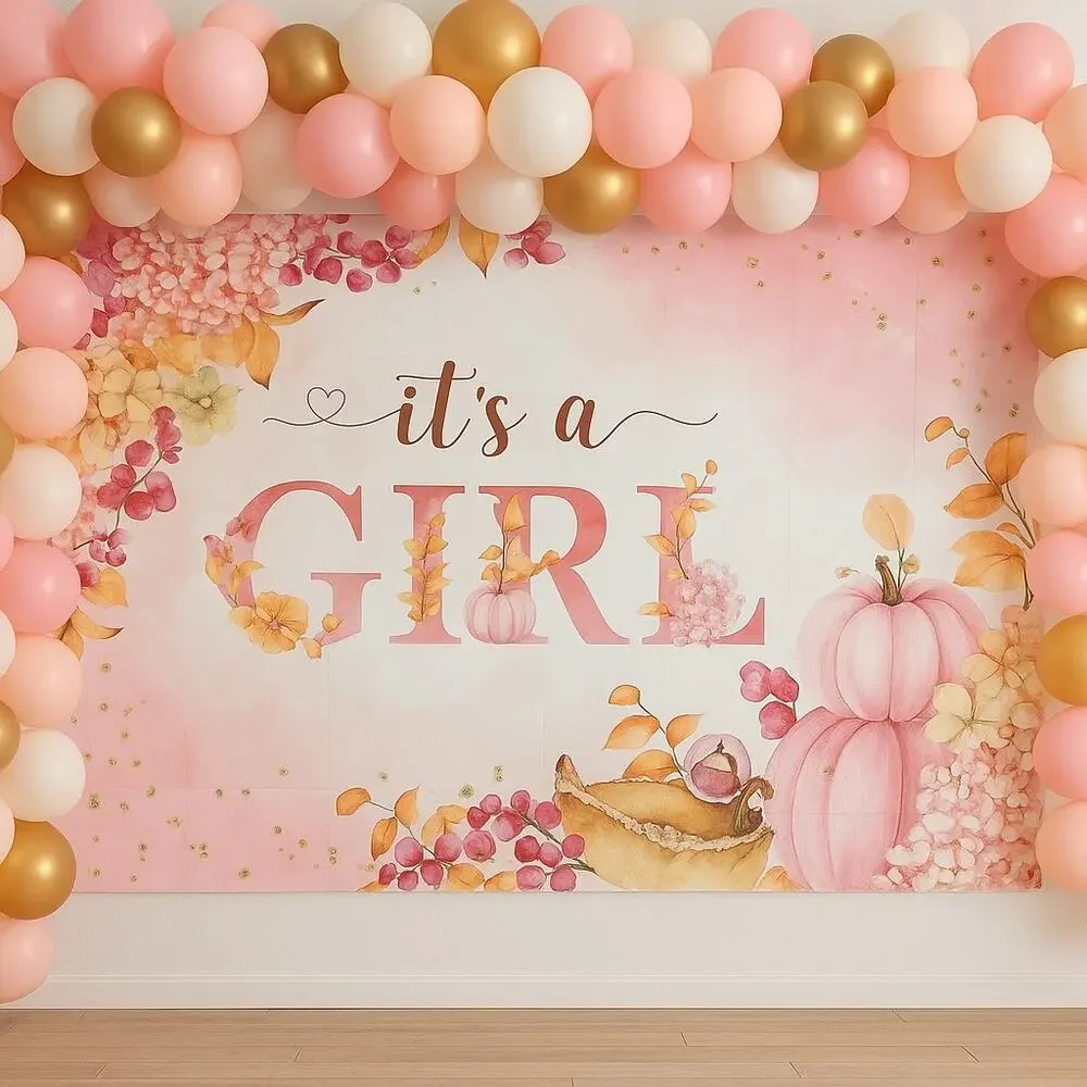It’s a Girl Baby Shower Backdrop 7x5ft Fall Pumpkin Floral Polyester Decor